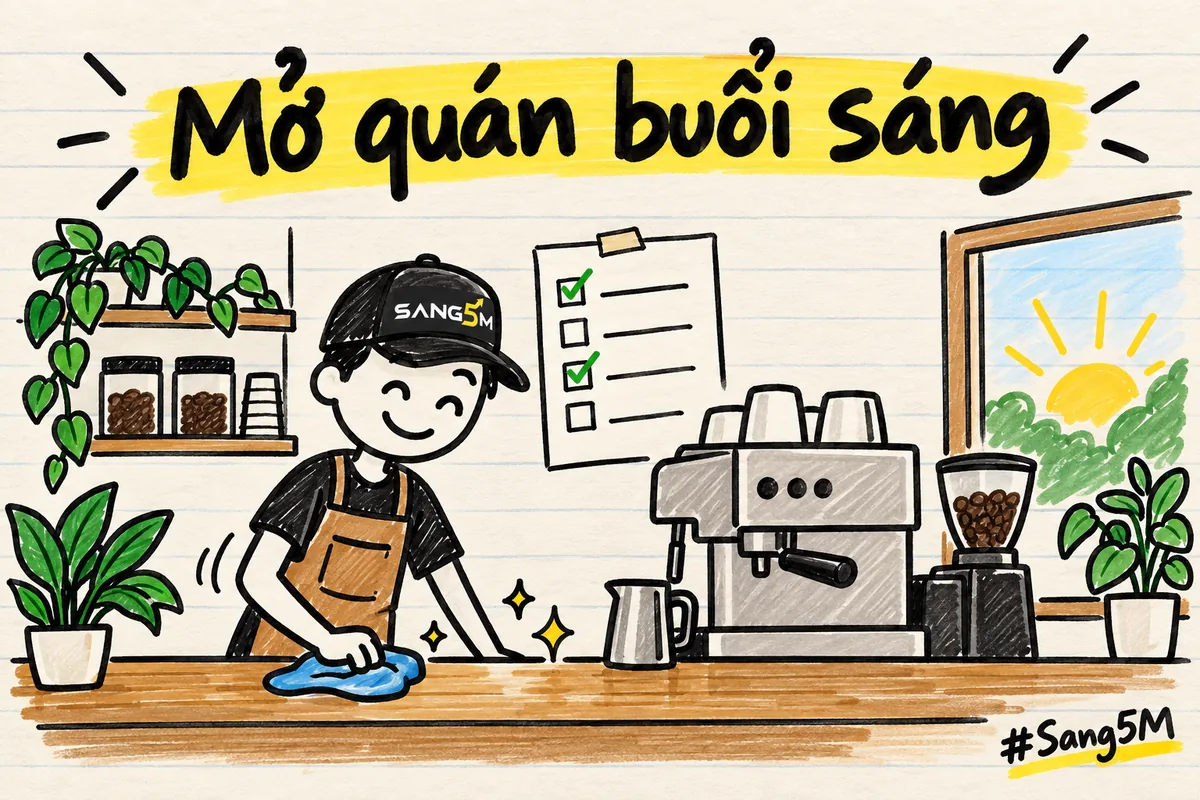 Quầy cà phê vẽ tay có máy pha, tờ danh sách bốn ô đánh dấu dán trên tường, chủ quán đội nón SANG5M lau quầy.