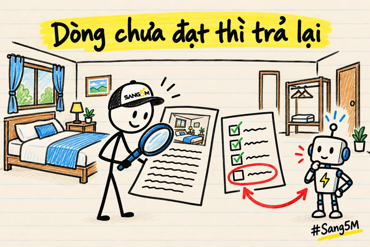 Chủ nhà nghỉ đội nón SANG5M cầm kính lúp soát bản giới thiệu phòng, một dòng khoanh đỏ có mũi tên trả lại robot.