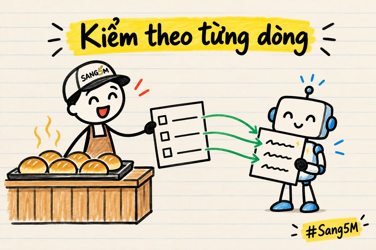 Chủ tiệm bánh đội nón SANG5M đưa tờ danh sách ba dòng cho robot nhỏ, robot cầm bản nháp, khay bánh mì đặt trên quầy.