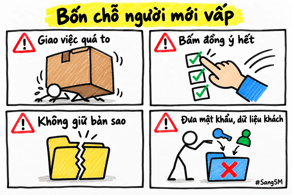 Bốn chỗ người mới hay vấp: giao việc quá to, bấm đồng ý hết, không giữ bản sao và đưa mật khẩu hay dữ liệu khách vào.