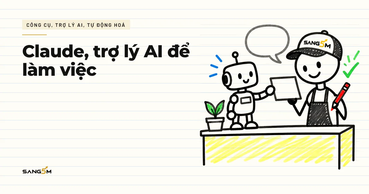 Người đội nón SANG5M ở quầy cửa hàng trò chuyện với robot trợ lý nhỏ, robot đưa bản nháp, người cầm bút đỏ đọc lại