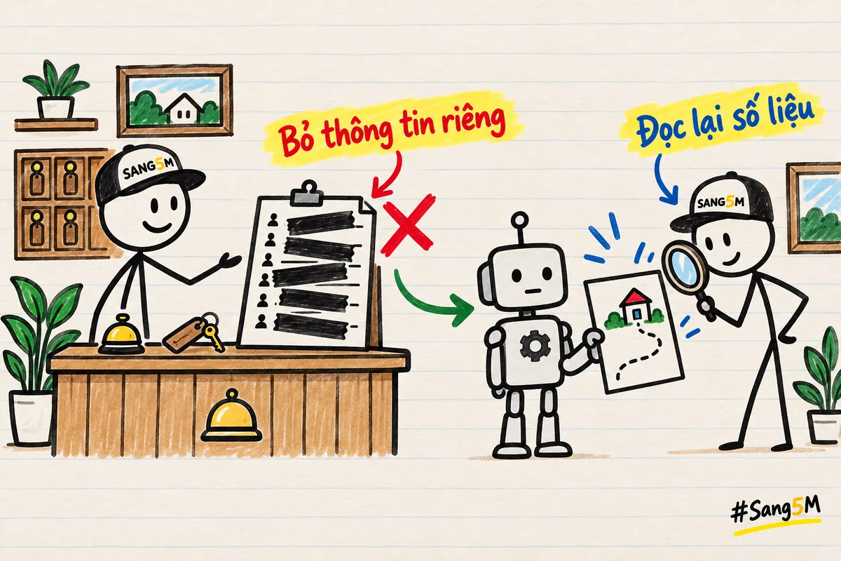 Chìa khoá nhà nghỉ, tờ danh sách khách bị che bằng băng đen, robot chỉ nhận tờ hướng dẫn nhận phòng không có thông tin riêng.