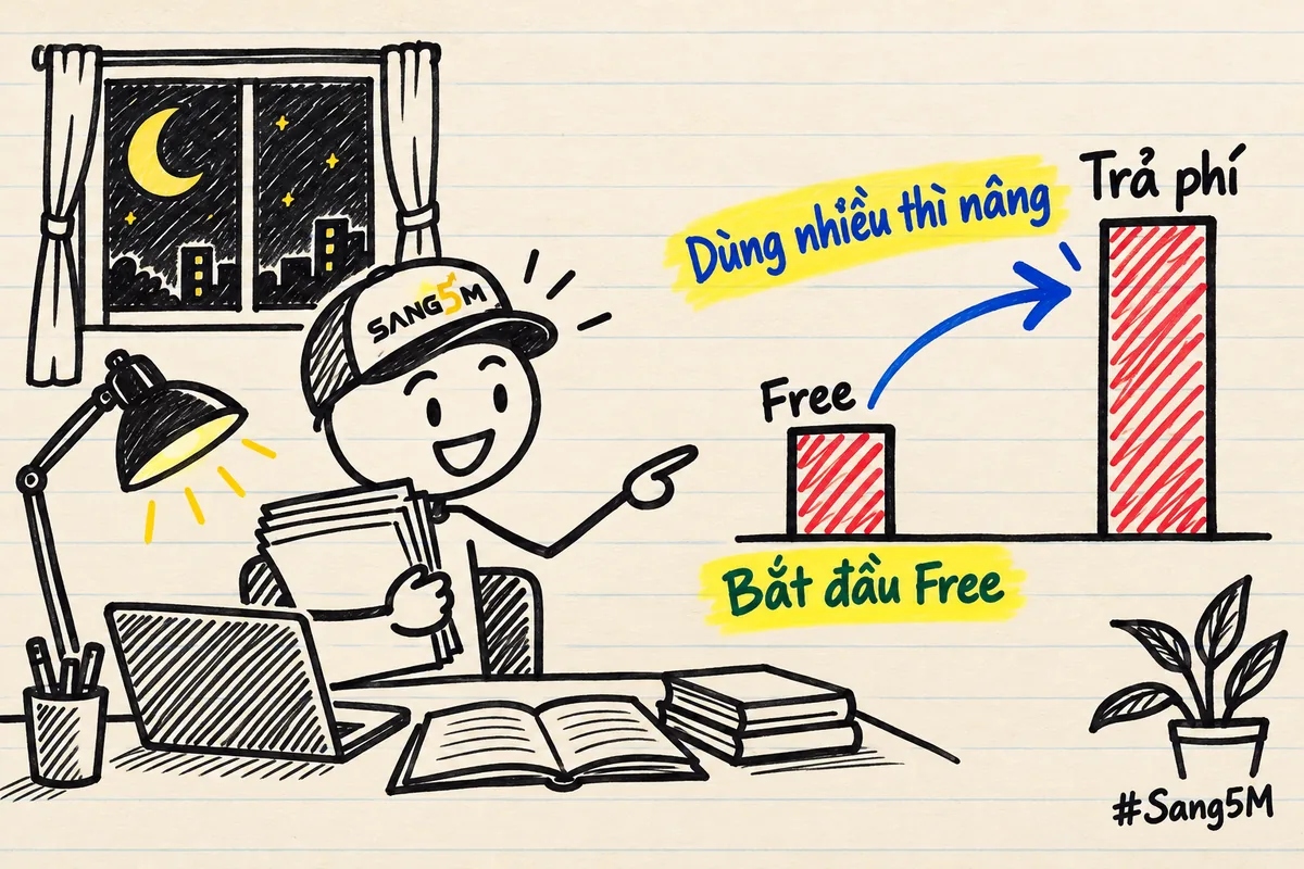 Hai cột Free và Trả phí cạnh bàn học buổi tối, cột trả phí dài hơn, ghi bắt đầu Free rồi nâng khi dùng nhiều.