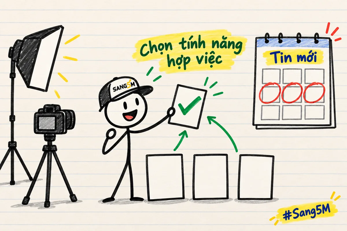 Tờ lịch có ba ô khoanh đỏ cạnh máy ảnh studio, chủ studio chỉ chọn một tính năng hợp với việc báo giá gói chụp ảnh.