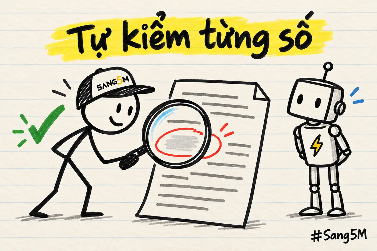 Người que đội nón cầm kính lúp soi một con số khoanh đỏ trên tờ báo giá, robot đứng chờ bên cạnh.