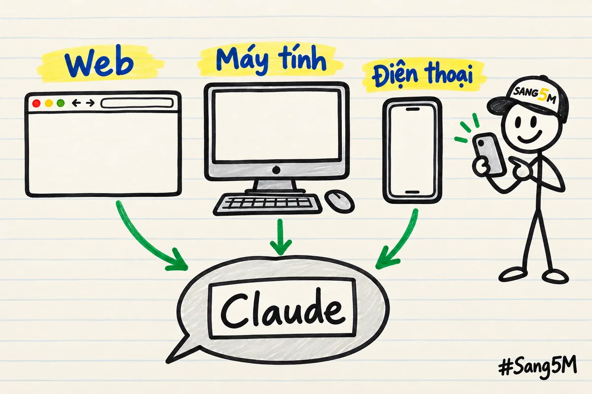Ba thiết bị vẽ tay gồm trình duyệt web, máy tính và điện thoại, cùng mũi tên dẫn về một bong bóng trò chuyện với Claude.