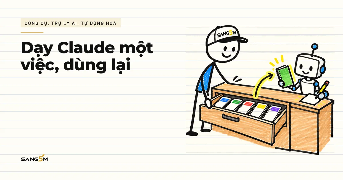 Người đội nón SANG5M mở ngăn kéo có nhiều cuốn sổ tay, robot nhỏ rút một cuốn ra và ngồi làm theo hướng dẫn trong sổ