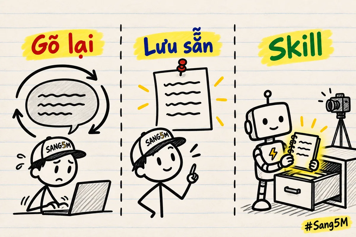 Ba cột trong phòng chụp ảnh: bong bóng chữ gõ lại, tờ giấy dán tường, cuốn sổ trong ngăn kéo, máy ảnh chân đứng ở góc.