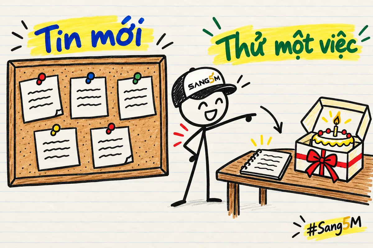 Bảng tin ghim năm mẩu giấy, chủ tiệm bánh đội nón SANG5M đứng cạnh hộp bánh sinh nhật và một cuốn sổ nhỏ trên bàn.