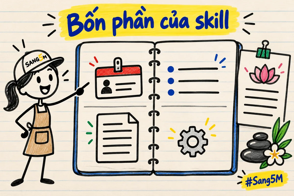 Cuốn sổ mở ra bốn ô: nhãn, danh sách, tờ mẫu, bánh răng; bảng dịch vụ spa kẹp bên cạnh, tiêu đề bốn phần của skill.