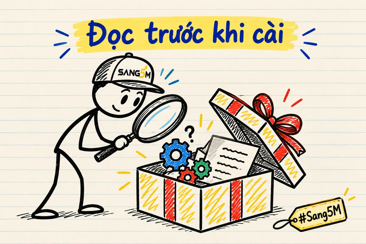 Hộp quà lạ mở ra có bánh răng bên trong, người đội nón SANG5M cầm kính lúp soi kỹ, chữ đọc trước khi cài.