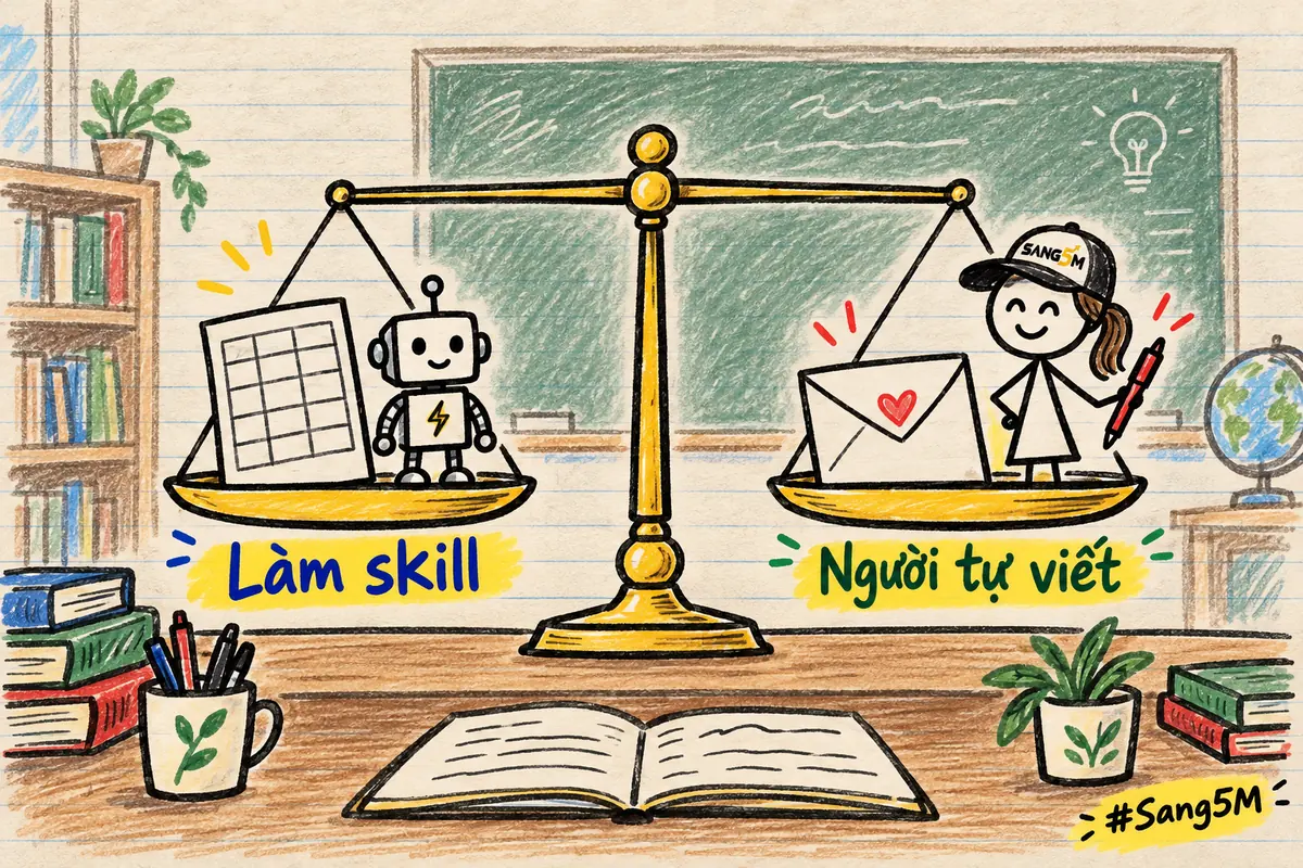 Cân hai đĩa trên bàn giáo viên, một đĩa có bảng điểm và robot, đĩa kia có lá thư và người đội nón SANG5M.