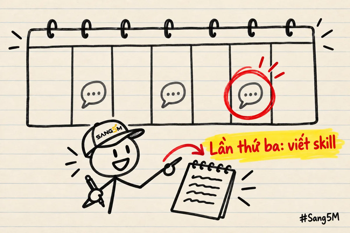 Lịch tuần có ba ô cùng biểu tượng tin nhắn, ô thứ ba khoanh đỏ, người đội nón SANG5M cầm bút chỉ sang cuốn sổ nhỏ.
