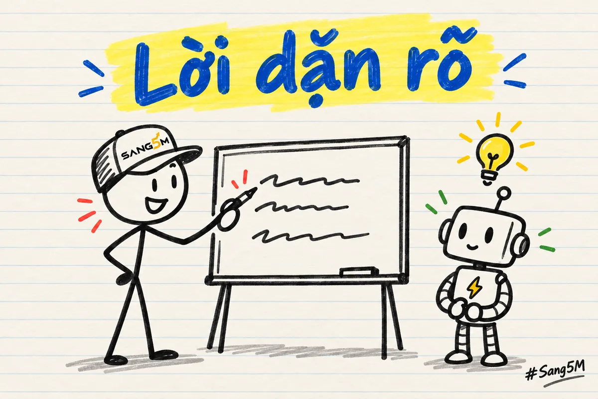 Người đội nón SANG5M đứng viết lên bảng trắng vài dòng nguệch ngoạc, bên cạnh có robot nhỏ chăm chú nhìn, tiêu đề lời dặn rõ.