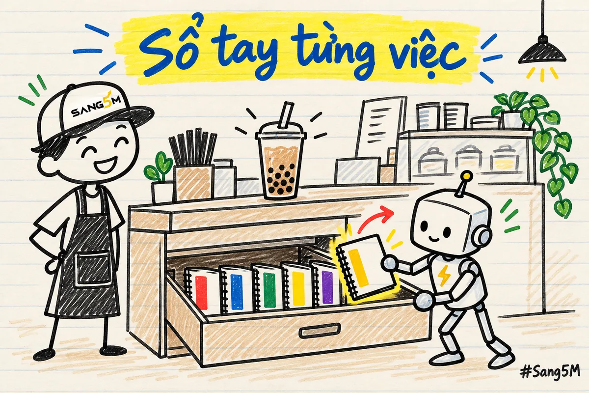 Ngăn kéo quầy trà sữa mở ra, nhiều cuốn sổ dán nhãn, robot nhỏ rút đúng một cuốn, chủ quán đội nón SANG5M đứng cạnh.
