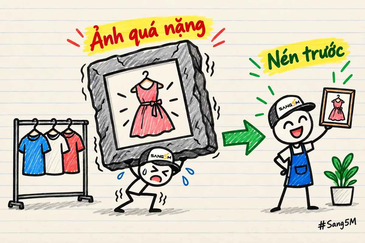 Giá treo quần áo bên một tấm ảnh to nặng như tảng đá, mũi tên xanh chỉ sang tấm ảnh nhỏ gọn đã nén trước.