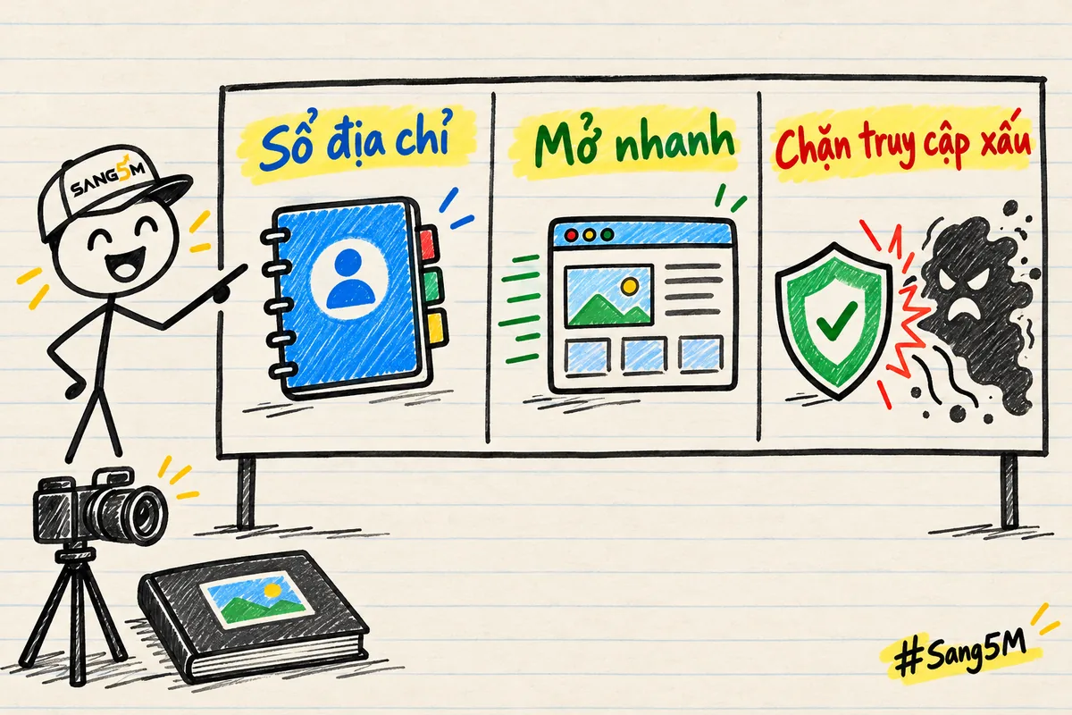 Bảng vẽ tay ba ô sổ địa chỉ, mở nhanh, chặn truy cập xấu, góc bảng có máy ảnh và cuốn ảnh của studio chụp ảnh.