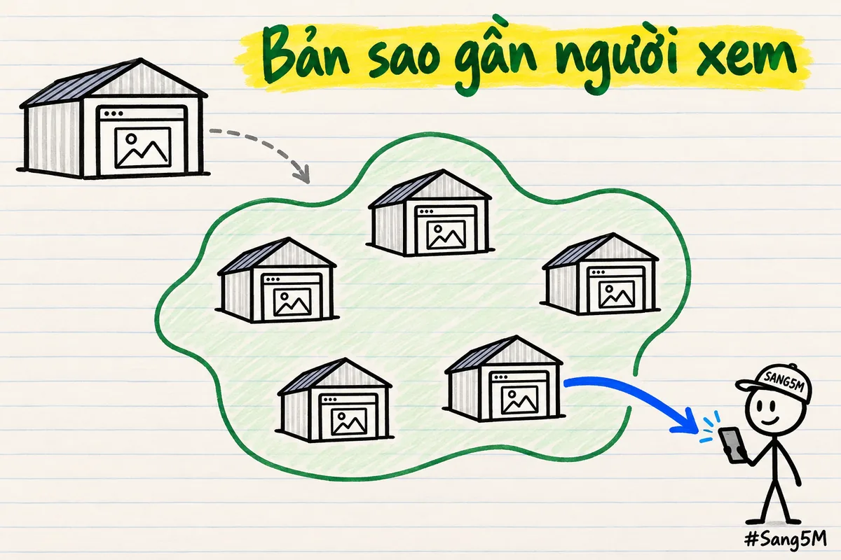 Một kho gốc chép ra nhiều kho nhỏ rải khắp nơi, mũi tên xanh nối một kho nhỏ tới điện thoại của người xem trang.