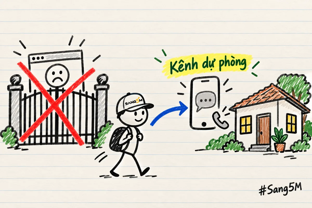 Cánh cổng bị chặn bằng dấu X đỏ, mũi tên rẽ sang điện thoại có bong bóng tin nhắn, phía sau là căn nhà nghỉ nhỏ.
