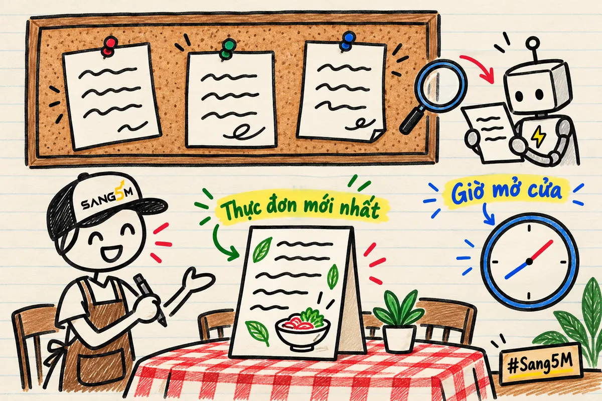 Bảng tin ba mẩu giấy ghim, bên dưới là tờ thực đơn mới, bên cạnh có đồng hồ giờ mở cửa của nhà hàng.
