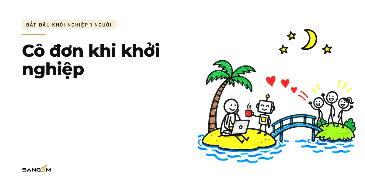Người ngồi một mình trên đảo nhỏ cùng trợ lý AI, cây cầu nối sang nhóm bạn đang vẫy tay