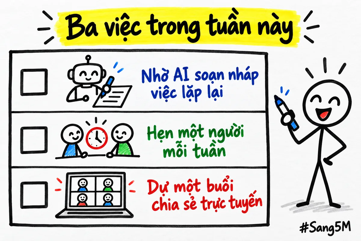 Bảng ba việc làm trong tuần này, mỗi dòng một ô vuông chờ đánh dấu.