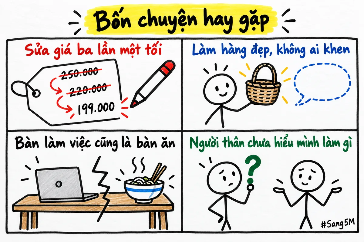 Bốn chuyện hay gặp của người bán hàng tại nhà gồm sửa giá nhiều lần, không ai khen, việc lẫn vào nhà và người thân chưa hiểu.