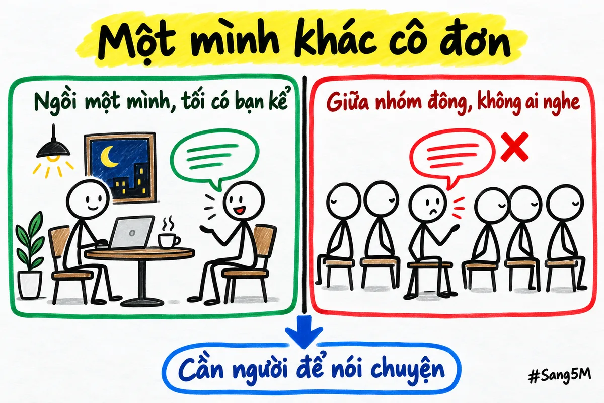 Ngồi làm một mình vẫn vui vì tối có bạn để kể, còn ở giữa nhóm đông mà không ai nghe thì vẫn thấy lẻ loi.