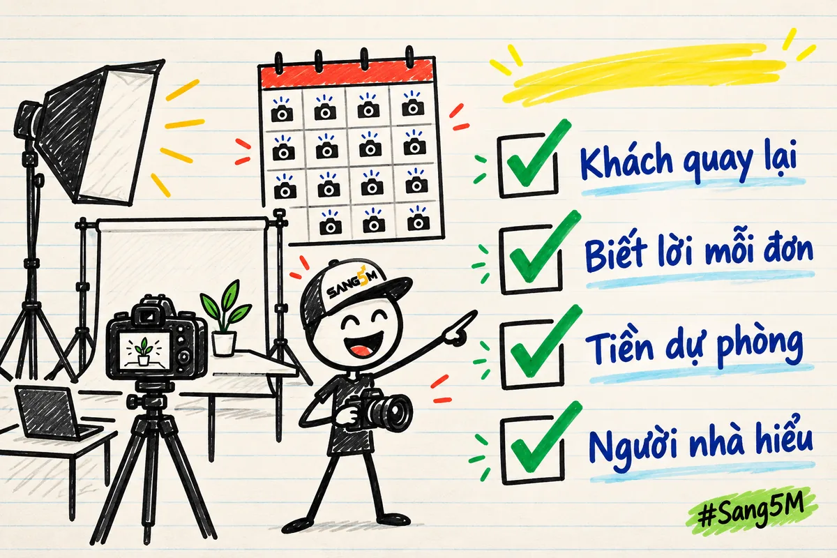 Máy ảnh trên chân, tờ lịch kín chỗ và bốn dấu tích: khách quay lại, biết lời mỗi đơn, tiền dự phòng, người nhà hiểu