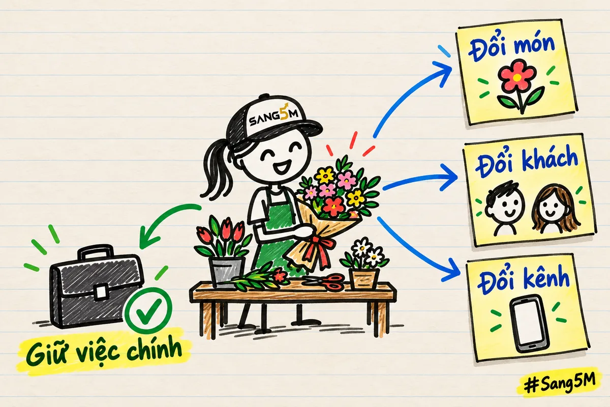 Ba mũi tên rẽ ra từ bó hoa ghi đổi món, đổi khách, đổi kênh; chiếc cặp công sở nằm yên, nhãn giữ việc chính