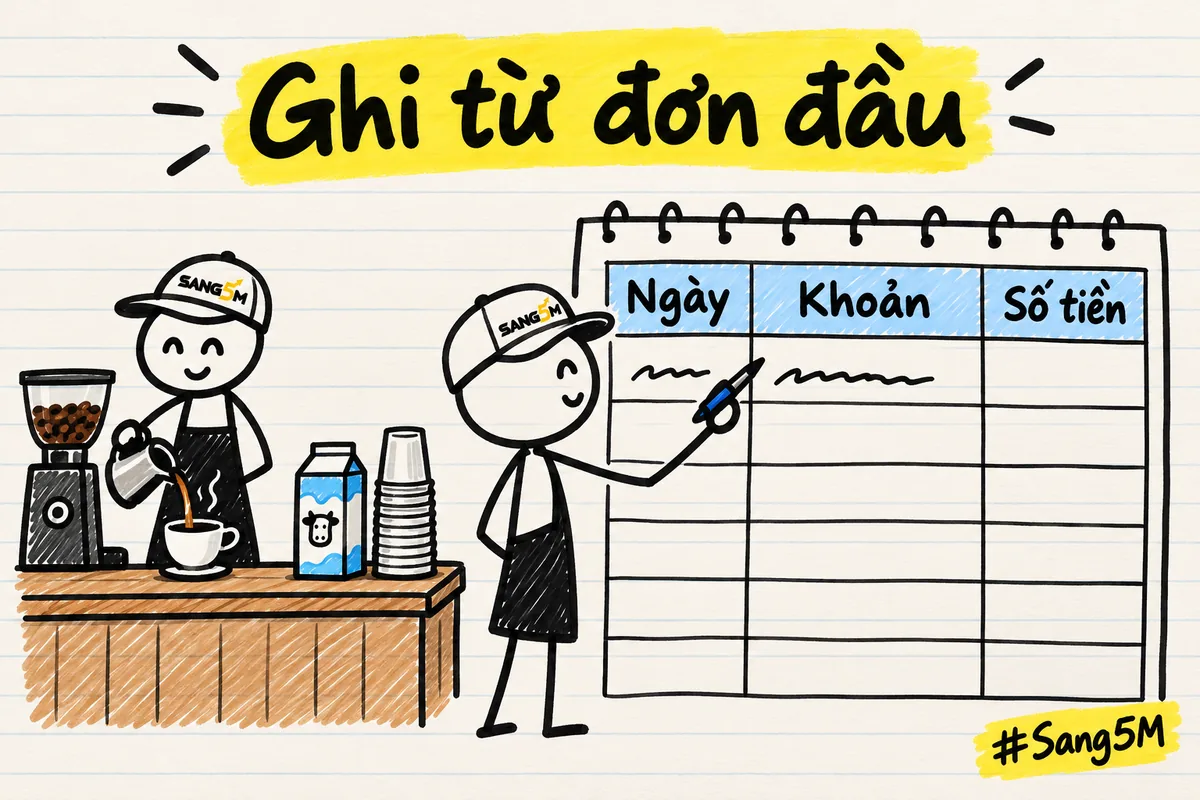 Quầy cà phê nhỏ cạnh bảng tính ba cột ngày, khoản, số tiền, người que đội nón ghi dòng đầu, nhãn ghi từ đơn đầu