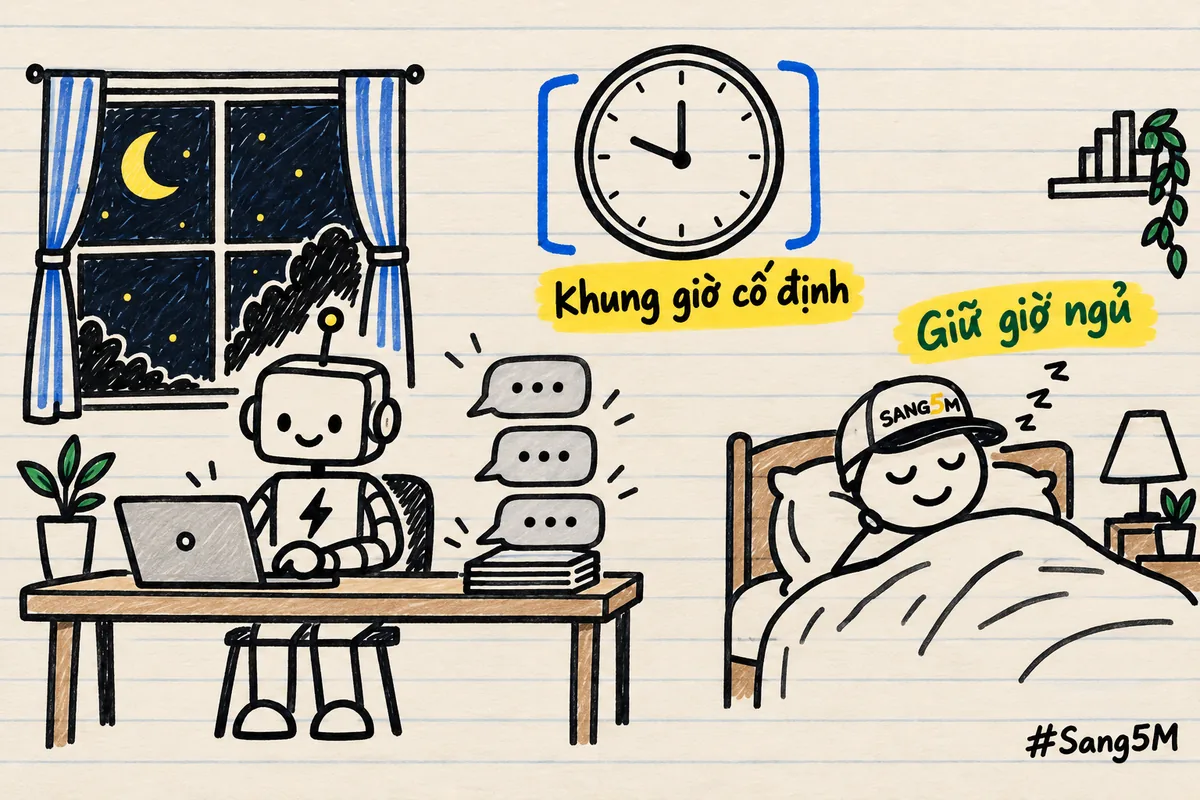 Mặt trăng ngoài cửa sổ, robot nhỏ soạn sẵn câu trả lời, người que đi ngủ đúng giờ, nhãn khung giờ cố định, giữ giờ ngủ