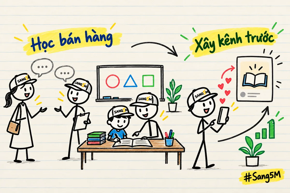 Người que đội nón ở bàn dạy kèm, vừa nói chuyện với phụ huynh vừa đăng bài, nhãn học bán hàng và xây kênh trước