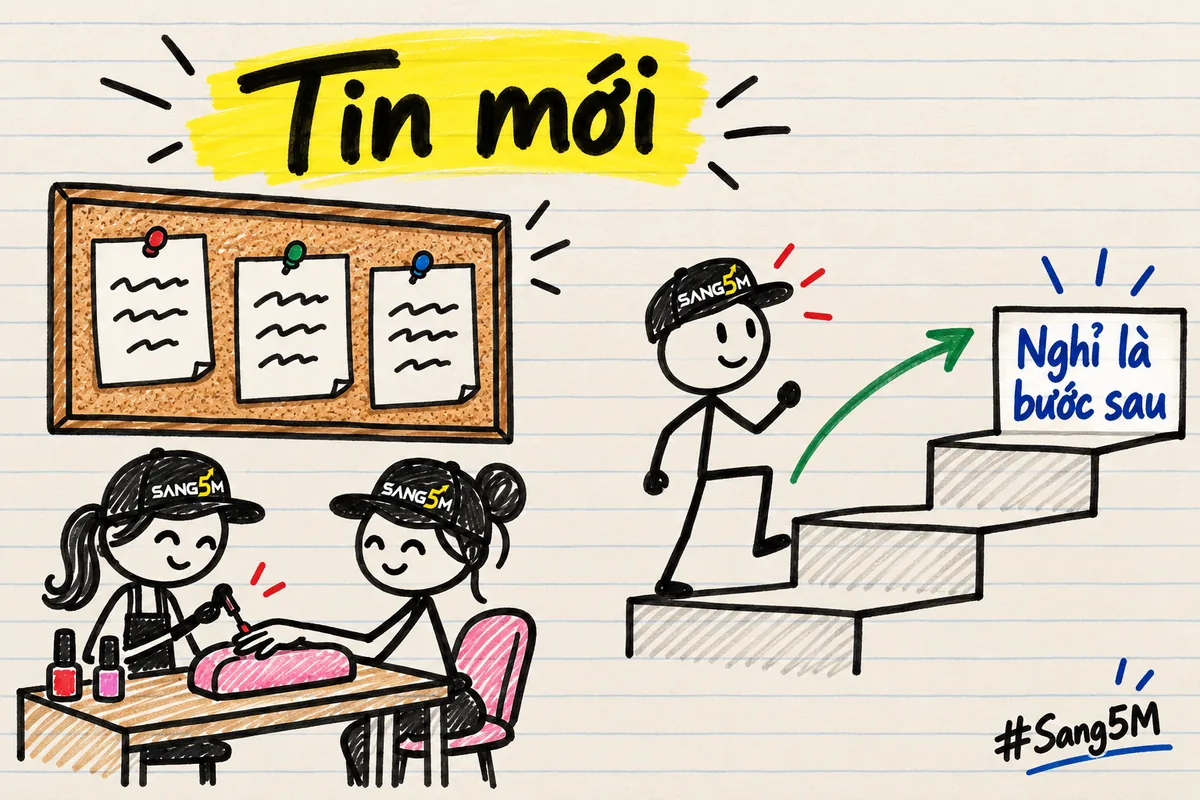 Bảng tin ba mẩu giấy ghim, bàn làm móng có lọ sơn, người que bước lên cầu thang tới dòng chữ nghỉ là bước sau