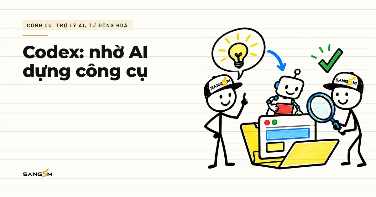 Người đội nón SANG5M nói ý tưởng, robot nhỏ dựng công cụ trong thư mục mở, người cầm kính lúp kiểm kết quả trước khi dùng