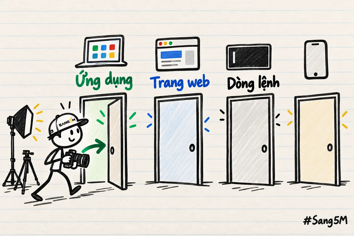 Bốn cánh cửa: ứng dụng, trang web, dòng lệnh và cửa thứ tư vẽ điện thoại; chủ tiệm chụp ảnh bước vào cửa ứng dụng.