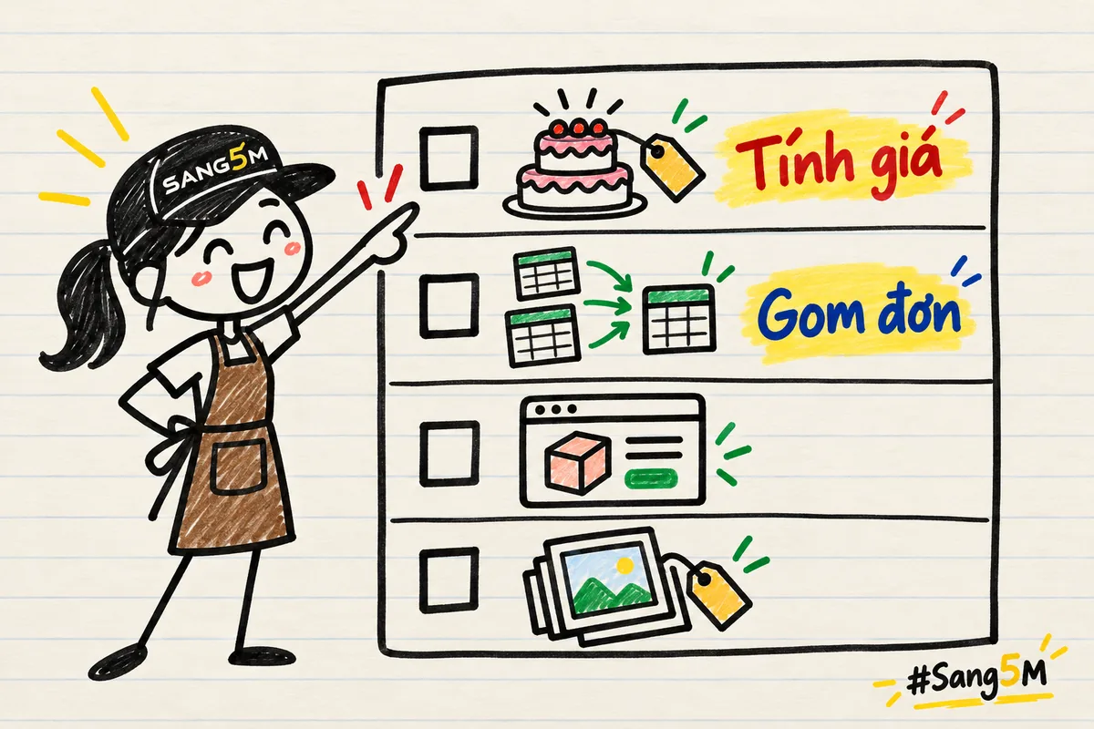 Danh sách bốn việc vẽ tay có bánh kem nhiều tầng ở dòng đầu: tính giá, gom đơn, trang giới thiệu, đổi tên ảnh.