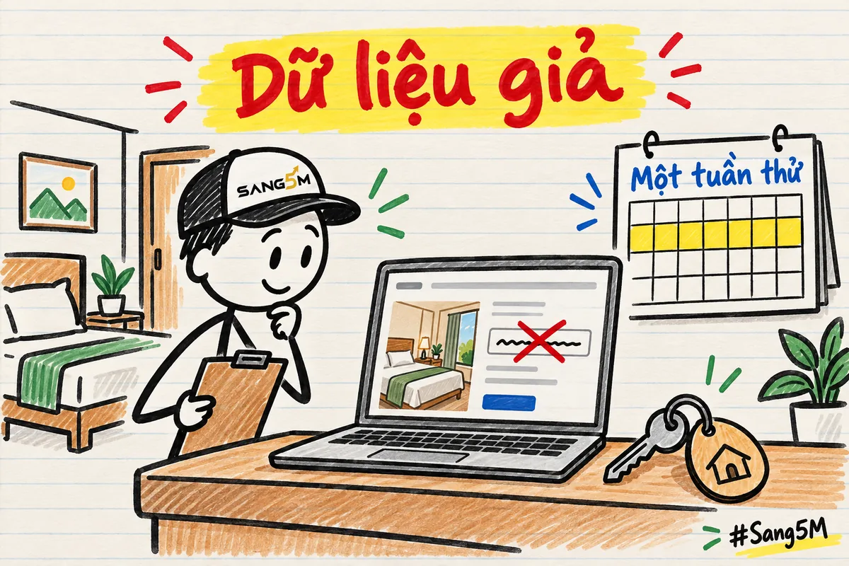 Chìa khoá nhà nghỉ cạnh trang đặt phòng có tên khách giả bị gạch chéo, tờ lịch đánh dấu một tuần thử.