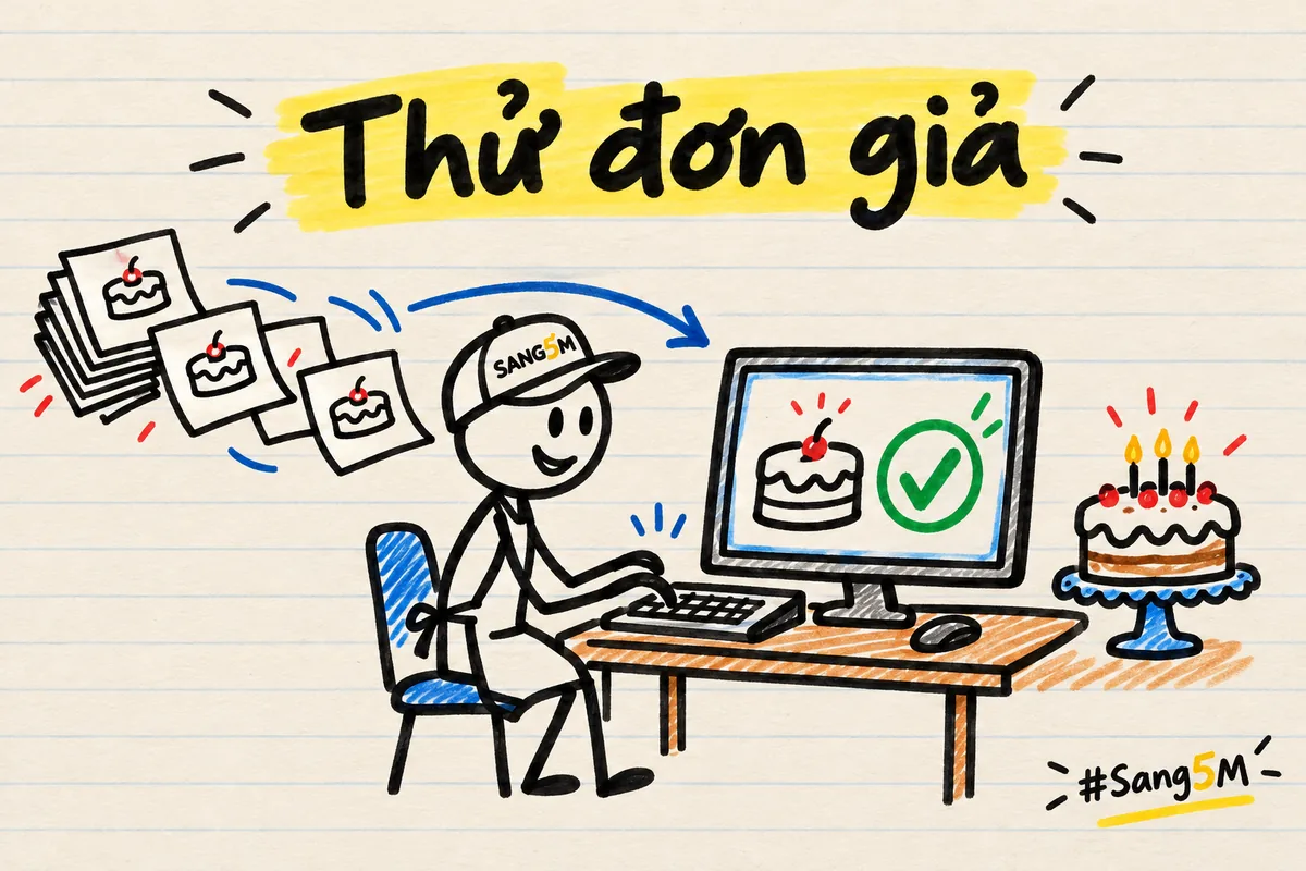 Chủ tiệm bánh đội nón SANG5M nhập từng đơn giả vào máy tính, cạnh màn hình là dấu kiểm xanh sau khi thử xong.