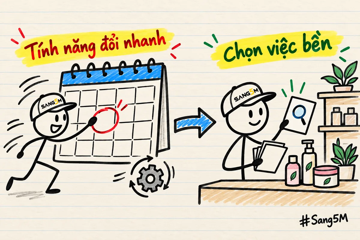 Tờ lịch có ô ngày khoanh đỏ cạnh chai mỹ phẩm, người đội nón SANG5M chọn một việc nhỏ dùng được lâu.