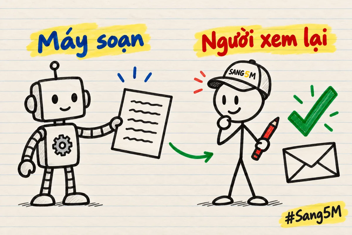 Robot đưa tờ thư nháp cho người que đội nón SANG5M đang cầm bút đỏ, bên cạnh có dấu tích xanh và phong bì.