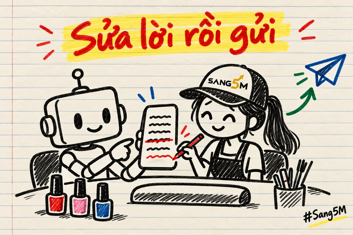 Bàn làm móng có lọ sơn, robot đưa tin nháp trên điện thoại, người que đội nón SANG5M cầm bút đỏ sửa lời.