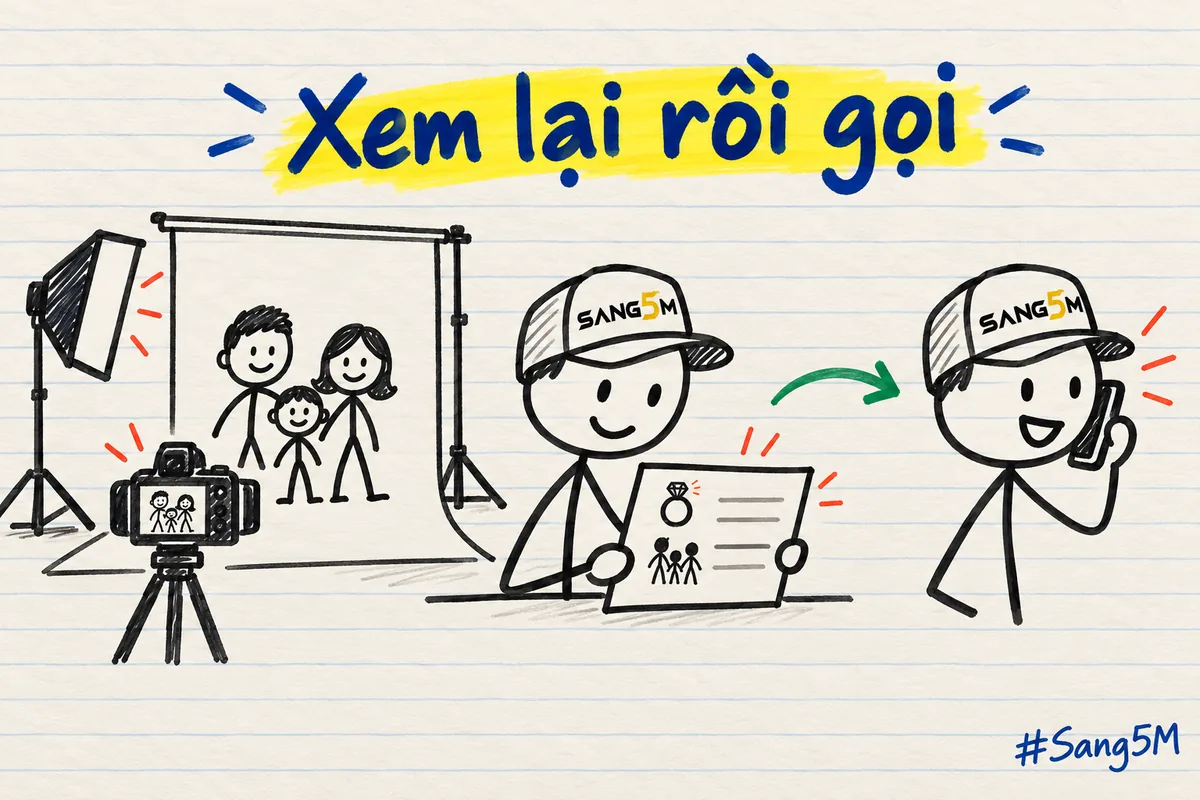 Phòng chụp ảnh có máy ảnh trên chân máy, người que đội nón SANG5M đọc tấm thẻ khách rồi cầm điện thoại gọi.