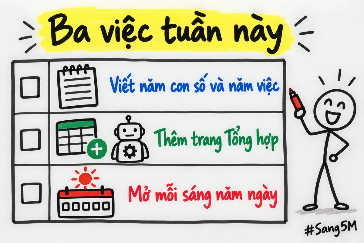 Bảng ba việc tuần này để có trang tổng hợp đầu tiên, mỗi việc có một ô để đánh dấu.