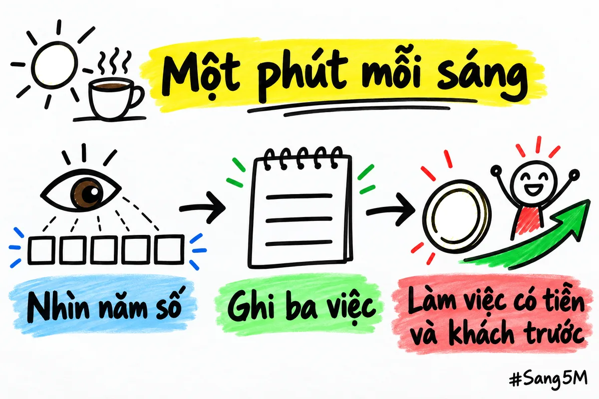 Thói quen một phút mỗi sáng: nhìn năm số, ghi ba việc, rồi làm việc có tiền và khách trước.