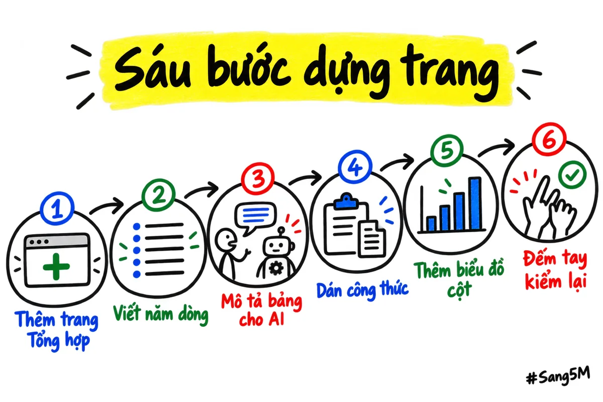 Sáu bước nối nhau để dựng trang tổng hợp, từ thêm trang mới đến đếm tay kiểm lại.
