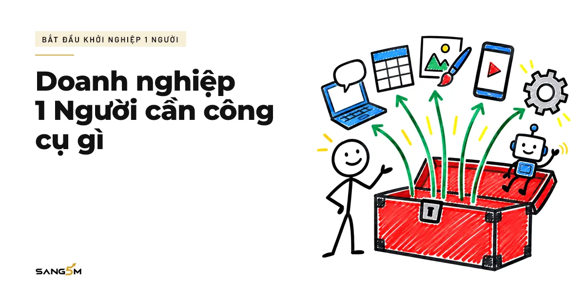 Người đứng cạnh hộp đồ nghề lớn, năm công cụ như máy tính, bảng tính, điện thoại bay ra