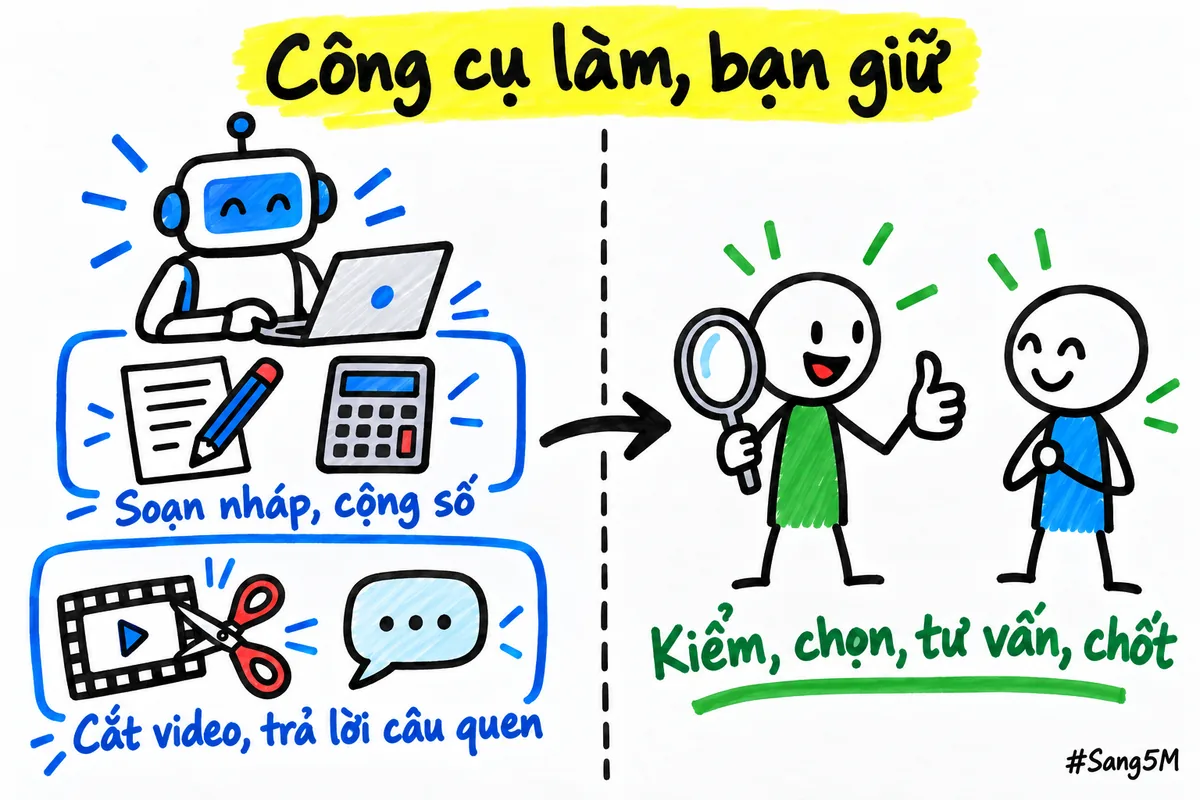 Hai phần mỗi việc: công cụ làm giúp phần soạn nháp, cộng số, bạn giữ phần kiểm và chốt.