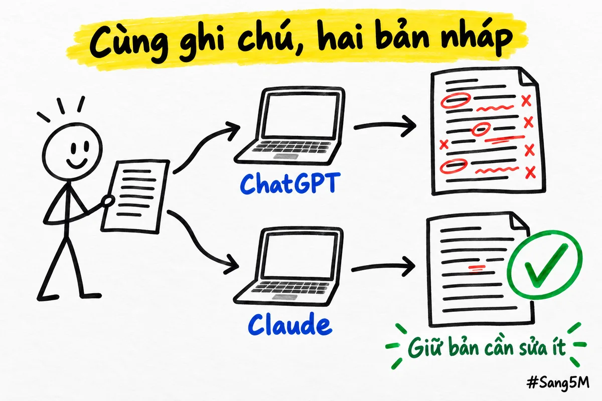 Cùng một ghi chú dán vào ChatGPT và Claude, so hai bản nháp rồi giữ bản cần sửa ít hơn.