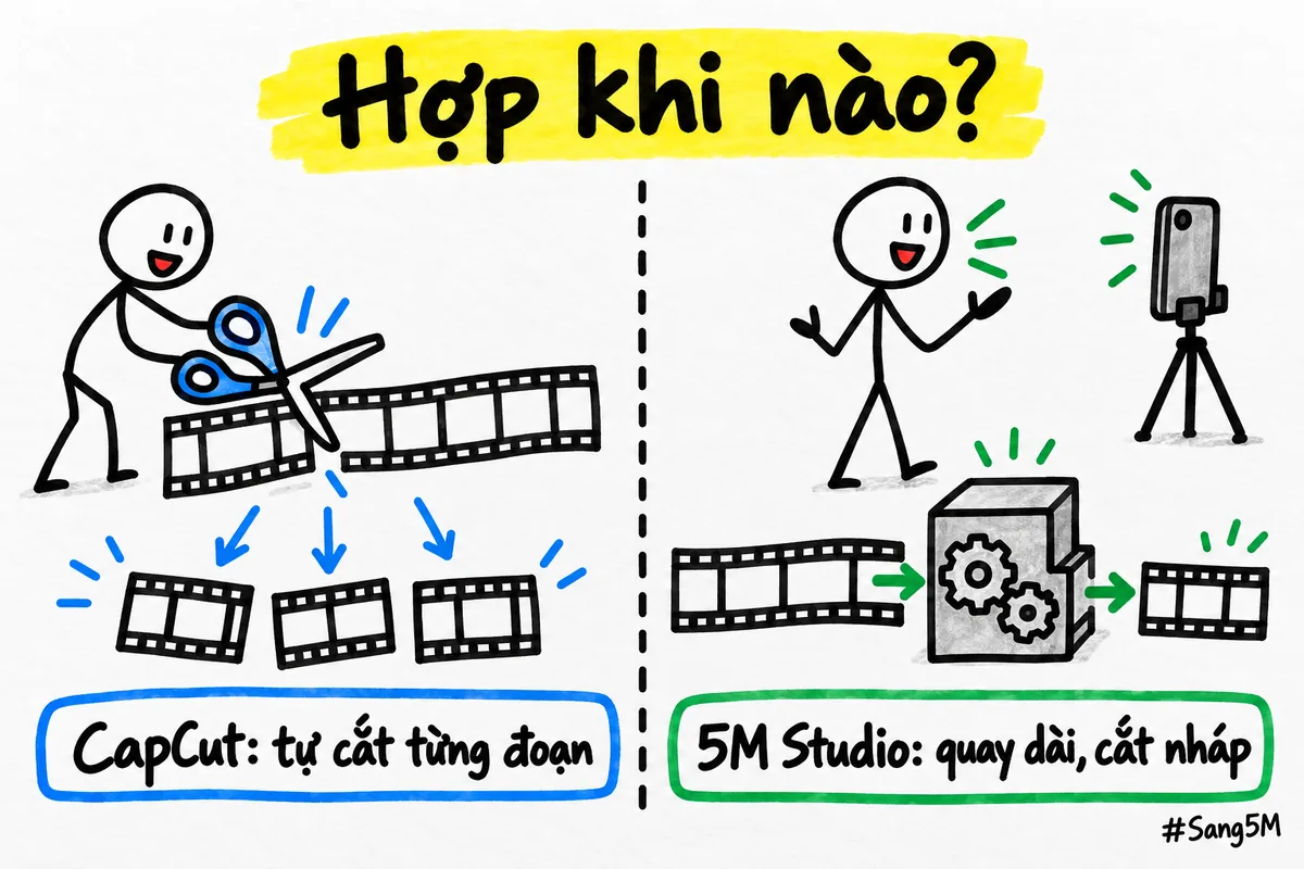 So sánh CapCut hợp khi tự cắt từng đoạn với 5M Studio hợp khi quay dài và cần bản cắt nháp.